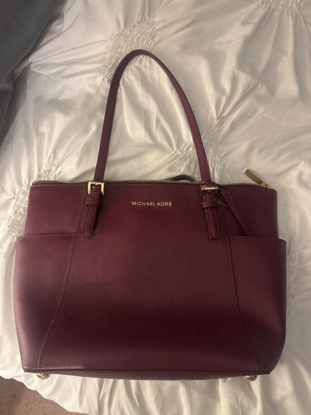 Michael Kors Wine Saffiano Leather Tote with Gold Hardware